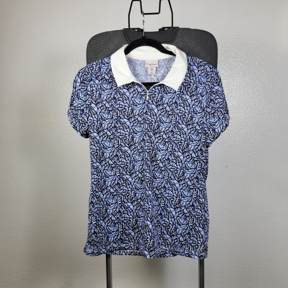 Tommy Bahama Blue And White Leaf Design Fitted Polo Zip Collar Golf Shirt Size M